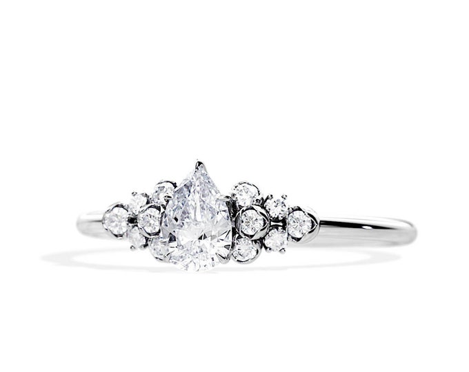 Pear Shape Natural Diamond Ring / Diamond Cluster Engagement Ring / GIA Certified / 0.5 Carat Peart Cut Diamond / 0.65 TCW / 14K White Gold