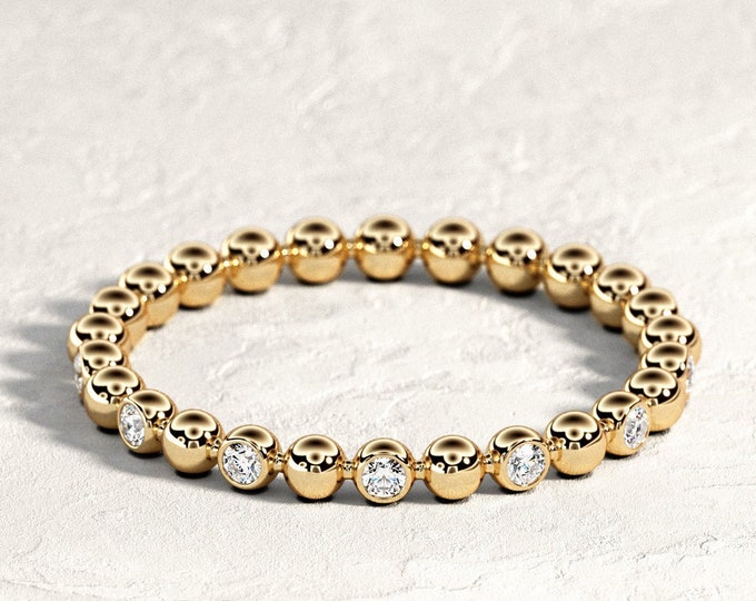 Bezel Eternity Band / Diamond Bead Ring / Full Eternity Ring / Bezel Set Wedding Band / Unique Stacking Ring / 14k 18k Gold Wedding Ring