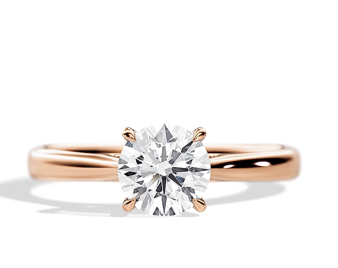 1 Carat F VS1 Round Lab Created Diamond Engagement Ring / Cathedral Diamond Ring / 14k Rose Gold Tapered Shank Solitaire Ring / High Set