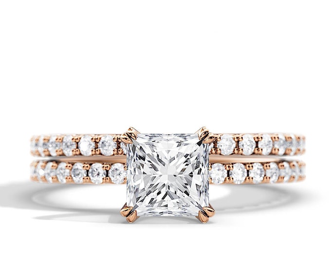 1.5 Carat Princess Cut Colorless Moissanite Engagement Ring Set / Rose Gold Dainty Bridal Set / 0.8ct Pave Lab Diamonds / Double Claw Prong