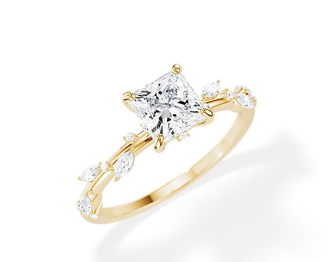Twig Engagement Ring / 1.5 CT Princess Moissanite / Yellow Gold Nature Ring / Branch Twig Ring / Twig and Leaf / Branch Engagement Ring