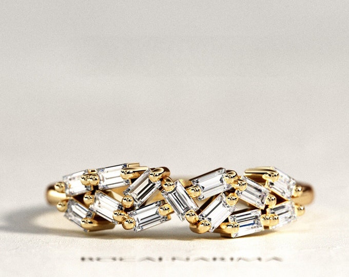 Baguette Diamond Cluster Ring / VS-F Natural Diamonds / 14K 18K Gold Unique Wedding Band / Baguette Cut Diamonds / Womens Wedding Ring