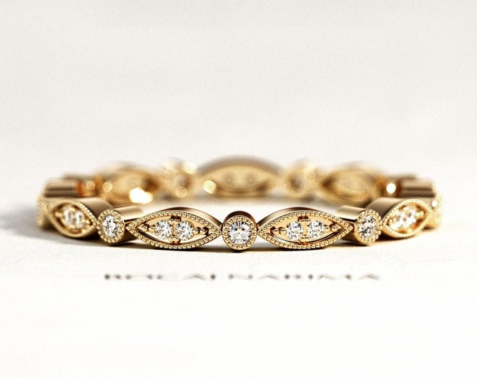 14K or 18K Gold Vintage Ring / Full Eternity Band / Milgrain Wedding Band / Art Deco Wedding Ring / Dainty Ring / Stackable Diamond Ring