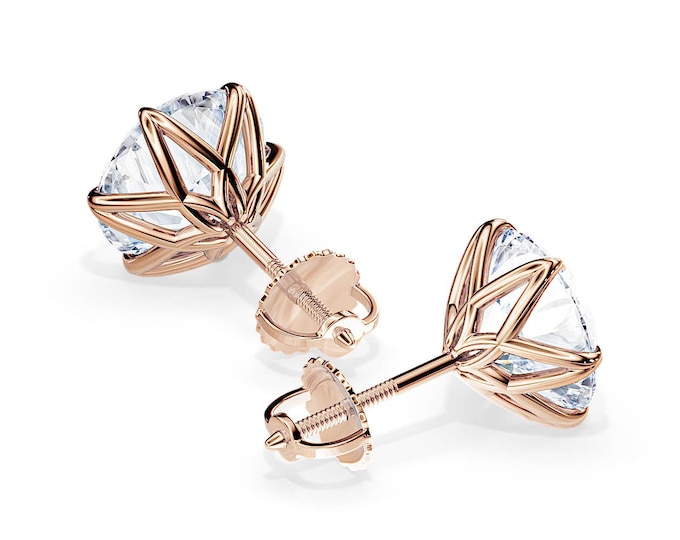 3 Carat Lab Diamond Lotus Stud Earrings / Screw Back Flower Earrings / Minimalist Floral Nature Inspired Pair of Earrings in Rose Gold