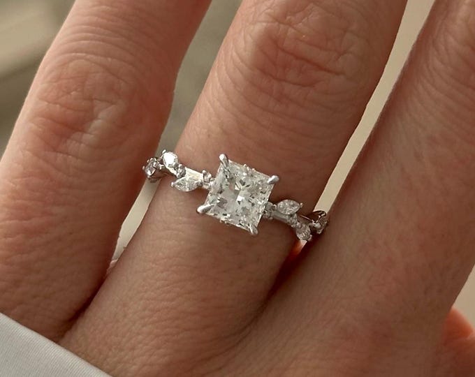 14K White Gold 1.2 Carat Cushion Lab Grown Diamond Twig Engagement Ring / Nature Inspired Engagement Ring / Twig and Leaf Ring / Branch Ring