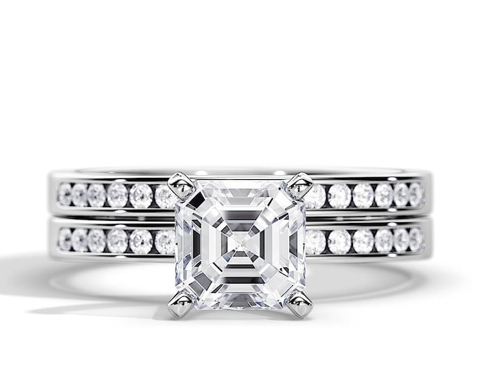 2 Carat Asscher Cut Lab CVD Diamond Engagement Ring Set / Channel Set Bridal Set / 14K 18K White Gold Rings Set / 2.3TCW Lab Grown Diamonds