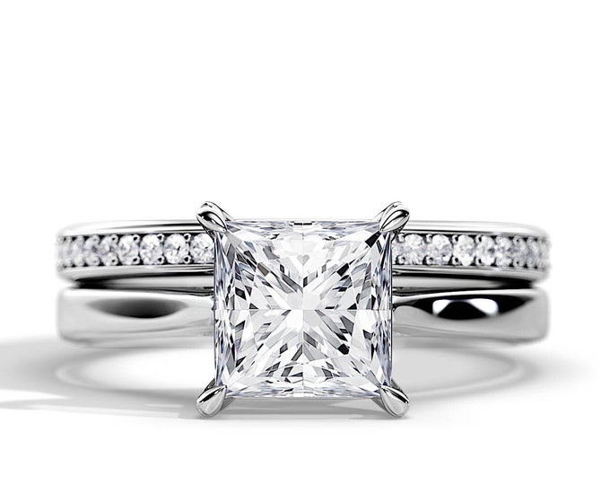 2 Carat Princess Cut Diamond Solitaire Ring Set / Princess Lab Grown Diamond VS1-F IGI / Cathedral Bridal Set / Tapered Engagement Ring /