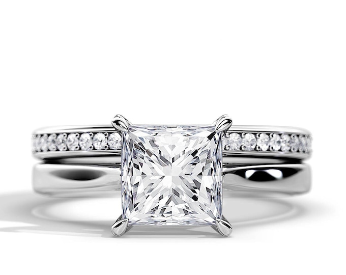 2 Carat Princess Cut Diamond Solitaire Ring Set / Princess Lab Grown Diamond VS1-F IGI / Cathedral Bridal Set / Tapered Engagement Ring /