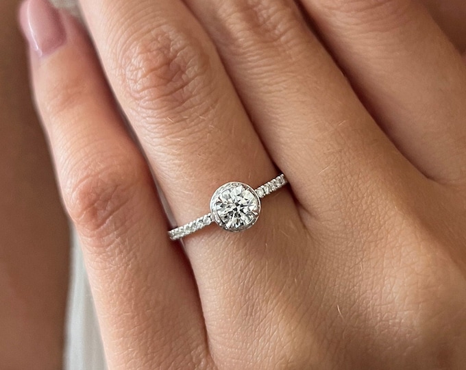 0.5 CT Engagement Ring / 0.5CT Lab Grown Diamond Ring / 14k 18k White Gold / 0.9TCW Lab Diamonds / Double Edge Halo & Pave Engagement Ring