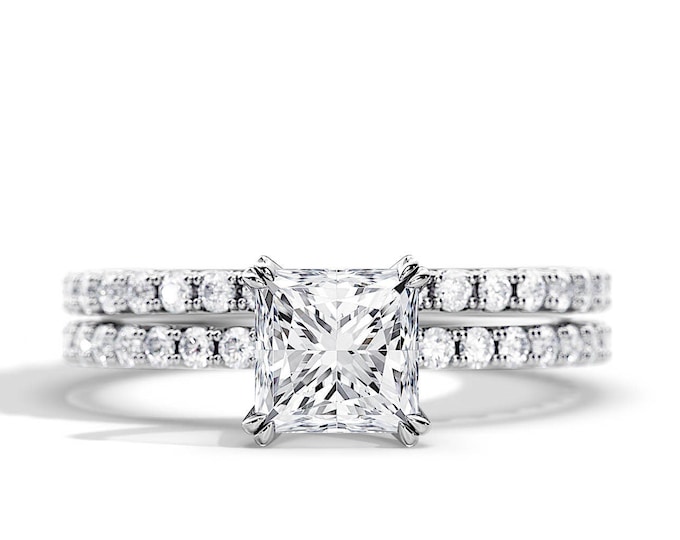 1.5 Carat Princess Cut Lab Grown Diamond Engagement Ring Set / 14k White Gold Pave Bridal Set / 2.3 TCW Lab Diamonds / Double Claw Prong