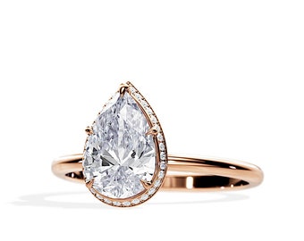 2 CT Pear Moissanite Double Edge Halo Ring / Pear Moissanite Engagement Ring / Double Halo / 14K or 18K Rose Gold / Bridal Ring