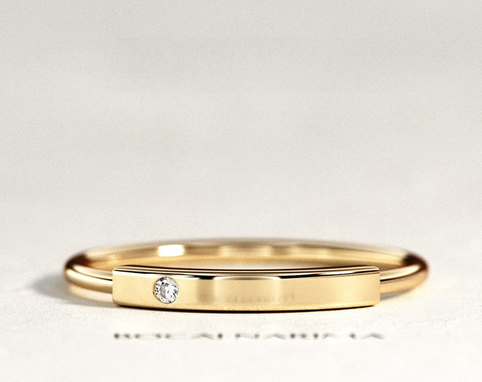 Dainty Bar Ring / 14K 18K Gold Bar Diamond  Ring / Bar Wedding Band / Horizontal Ring / Plain Gold Ring / Solid Gold Ring / Gift For Women