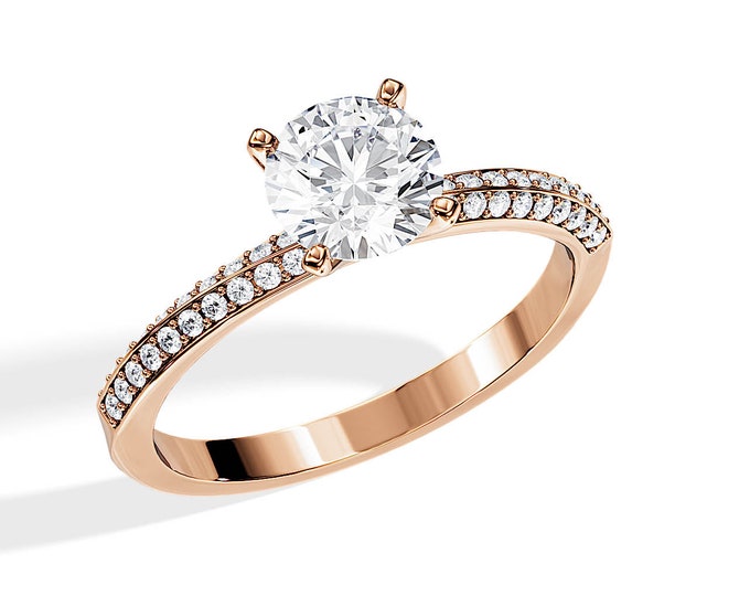 1 Carat E VVS2 Lab Grown Diamond Rose Gold Engagement Ring / Twisted Shank Micro Pave Ring / Unique Engagement Ring / Round Lab Diamond Ring