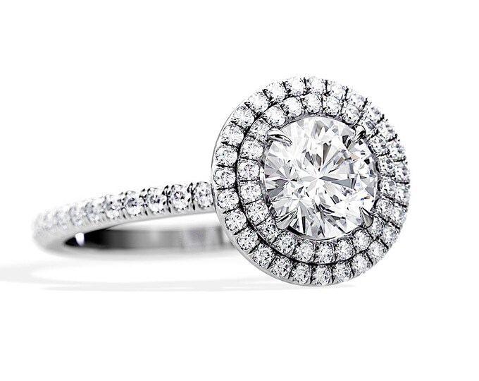 1 Carat Round Lab Grown Diamond Ring / Double Halo Ring / 1.65ct Lab Diamonds / Pave Shank and Pave Prongs White Gold Engagement Ring