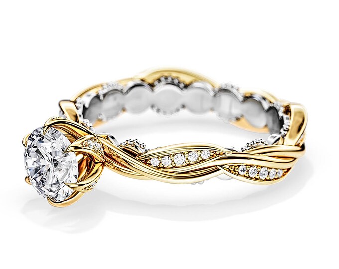 1 Carat Lab Grown Diamond Nature Inspired Ring / Two Tone Engagement Ring / Twisted Diamond Ring / Floral Diamond Ring / VS1 F IGI Certified
