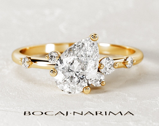 1 Carat Pear Shape Lab Grown Diamond Engagement Ring / Organic Ring / 14K Gold Nature Inspired CVD Diamond Ring / Nature Wedding Ring