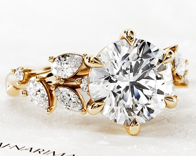 3 Carat Round Brilliant Lab Grown Diamond Twig Engagement Ring / 14k Gold Nature Inspired Proposal Ring / Branch and Leaf Ring / Boho Ring