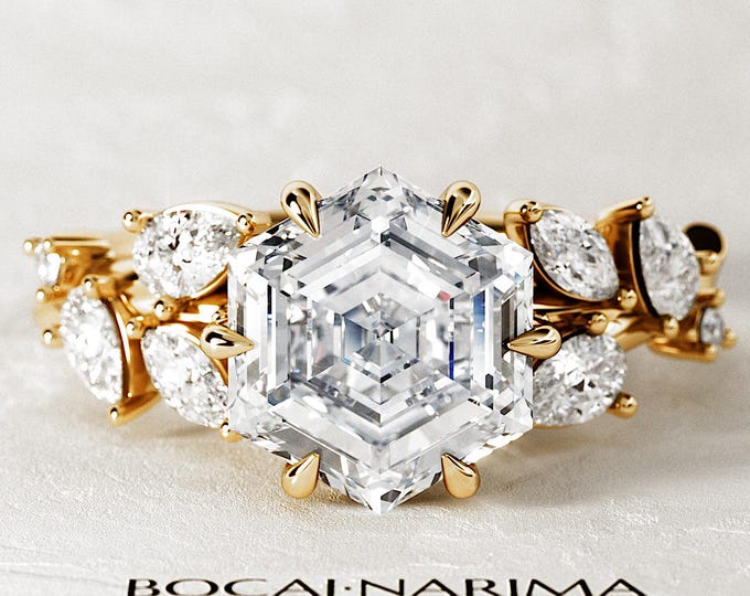3 Carat Hexagonal Cut Lab Diamond Twig and Leaf Engagement Ring / 14k Yellow Gold Boho Ring / Unique Nature Inspired Proposal Ring / Special