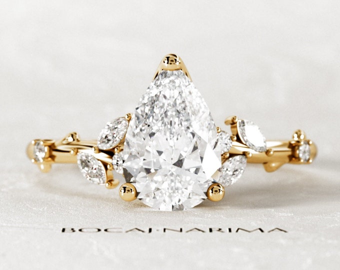 1.5ct Pear Moissanite Twig Engagement Ring / 14k or 18k Gold Nature Inspired Branch Proposal Ring / Dainty Twif and Leaf Yellow Gold Ring