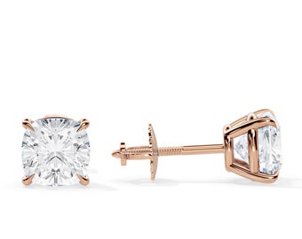 2 CT Cushion Cut Lab Diamond Earrings / Dainty Basket Screw Back Pair of Earrings / Rose Gold Minimalist Studs / Square Cushion CVD Diamond