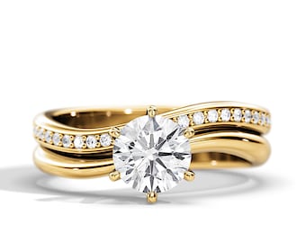 1 Carat Lab Diamond Swirl Bridal Set / 1 CT Round Lab Grown Solitaire Ring Set / Yellow Gold Wave Ring Set / Unique Engagement Ring Set