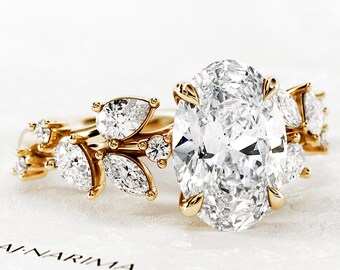 3 Carat Oval Lab Grown Diamond Nature Inspired Ring / Nature Leaf And Twig Diamond Ring / 14k Yellow Gold Branch Diamond Engagement Ring