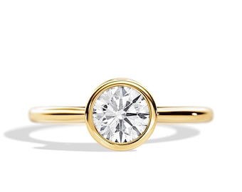 1 Carat E VVS2 Round Diamond Bezel Set Engagement Ring in 14k Gold  / Hidden Halo Cathedral Unique Ring in Yellow Gold / High Set Ring