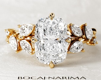 3 Carat Elongated Cushion Lab Diamond Nature Inspired Ring / 14k Yellow Gold Twig Engagement Ring / Unique 3ct Diamond Branch and Leaf Ring