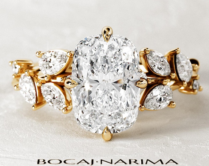 3 Carat Elongated Cushion Lab Diamond Nature Inspired Ring / 14k Yellow Gold Twig Engagement Ring / Unique 3ct Diamond Branch and Leaf Ring