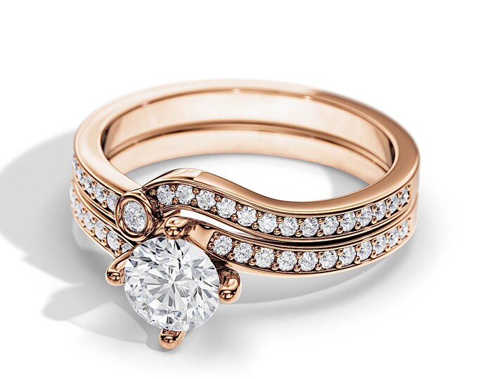 1 Carat Moissanite Bypass Bridal Set / Unique Bridal Set / Rose Gold Unique Engagement Ring Set / 0.4ct Diamonds / Pave Womens Wedding Band