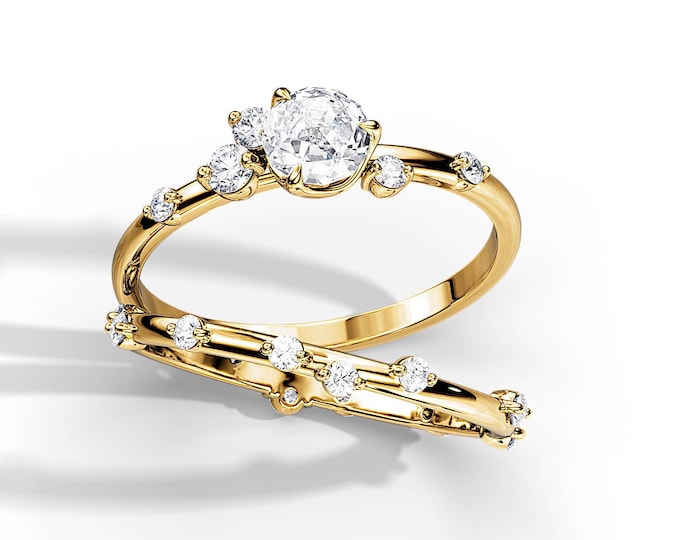 Boho Bridal Set / 0.5 CT Moissanite Nature Inspired Engagement Ring Set / Organic Wedding Rings / 0.36ct Diamonds / Unique Womens Ring Set