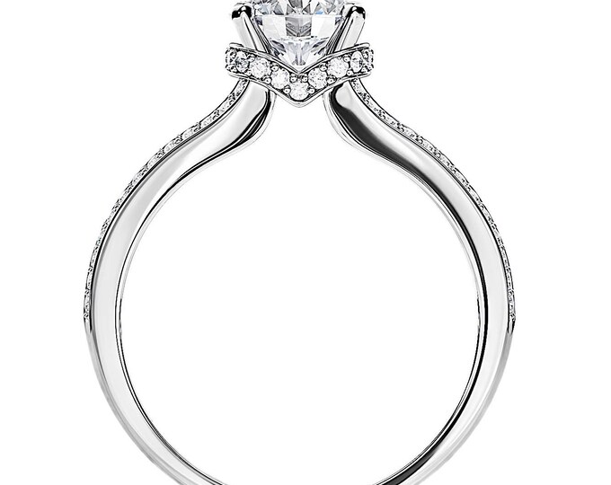 1.35 TCW Lab Grown Diamond Ring / Crown Pave Basket / 1CT E VVS2 Round Diamond / Hidden Halo Split Shank Engagement Ring / 14k White Gold