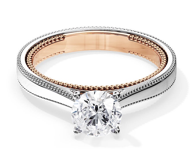 1 Carat Lab Grown Diamond Ring / Two Tone Diamond Ring / Vintage Engagement Ring / 14K White Gold Vintage Engagement Ring / Milgrains Ring