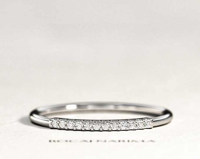 Bar Pave Diamond Ring / White Gold Stackable Ring / Pave Stacking Band / Diamond Wedding Band / Womens Wedding Ring / Micro Pave Band