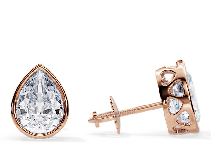 2 Carat Pear Shape Lab Grown Diamond Bezel Set Earrings / Heart Basket CVD Diamond Stud Earrings / Rose Gold Solitaire Screw Back Earrings