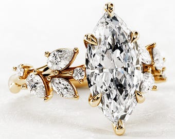 3 Carat Marquise Lab Grown Diamond Nature Inspired Twig Ring / Nature Leaf Engagement Ring / 14k Yellow Gold Branch Diamond Engagement Ring