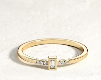 Bezel Set Baguette Petite Diamond Engagement Ring / Pave Shank Diamond Ring / Minimalist Bridal Ring / Dainty 14K 18K Gold Wedding Ring