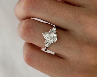 2 Carat Pear Cut Lab Grown Diamond 5 Stone Engagement Ring / Pear & Baguette Diamonds Five Stone Ring / Unique White Gold Art Deco Ring