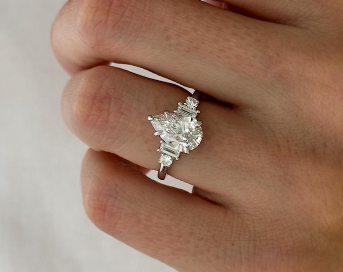 2 Carat Pear Cut Lab Grown Diamond 5 Stone Engagement Ring / Pear & Baguette Diamonds Five Stone Ring / Unique White Gold Art Deco Ring