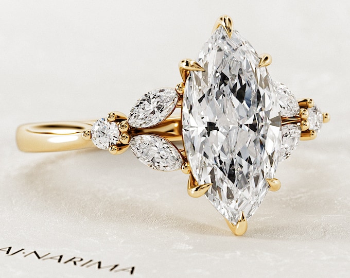 2 Carat Marquise CVD Diamond Twig Engagement Ring / Natured Inspire Yellow Gold Lab Grown Diamond Ring / Nature Leaf Ring / Boho Ring