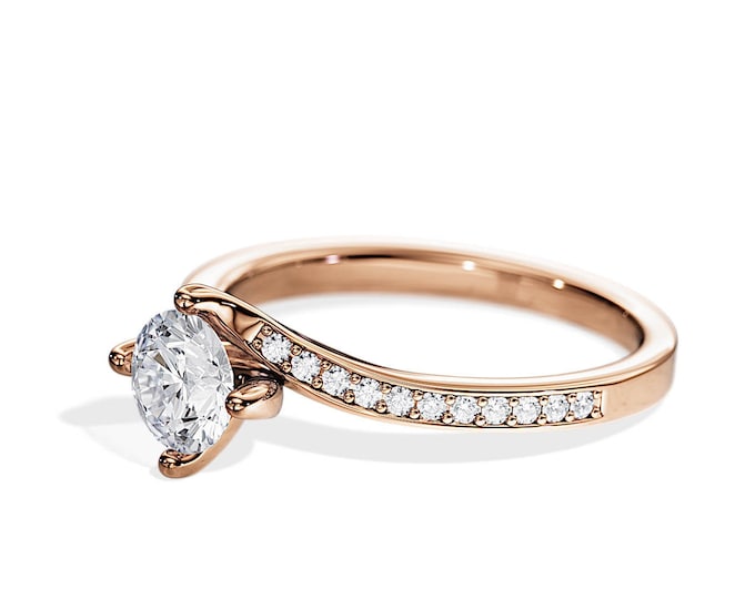 Moissanite Bypass Engagement Ring / Swirl Ring / 1 Carat DEF Moissanite / Round Brilliant / Rose Gold Unique Bridal Ring / Twisted Ring