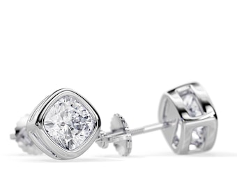2 CT Cushion Diamond Earrings / Bezel Earrings in White Gold / Square Cushion Natural Diamond SI1-H GIA Certified Screw Back Earrings