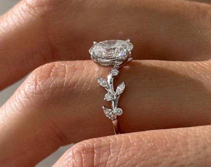 1.5 Carat Oval Lab Grown Diamond Nature Inspired Engagement Ring in White Gold / Twig and Leaf Ring / Branch Unique Nature Design Ring