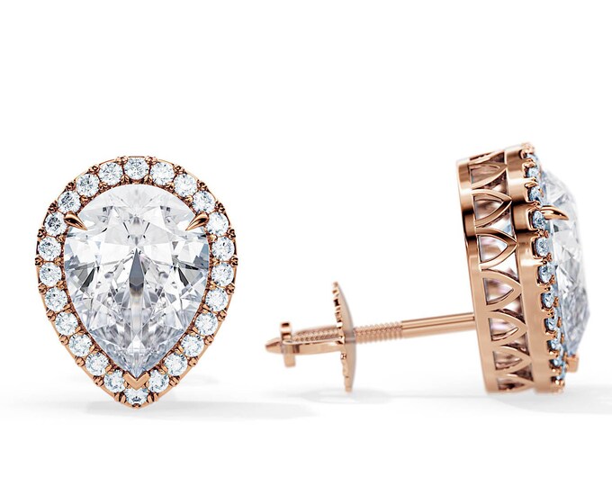 2 Carat Total Natural Diamond Unique Basket Earrings / Pear Halo Screw Back Earrings / 14K 18K Rose Gold Studs / Unique Gallery