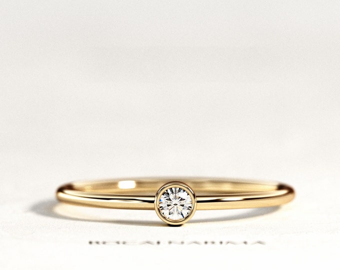 Small Diamond Ring / 14K  18K Diamond Ring / Petite Diamond Solitaire Ring / Thin Gold Diamond Ring / Bezel Set Ring / Minimalist Ring