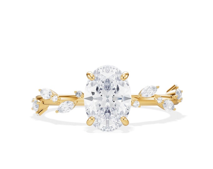 Oval Diamond Twig Ring / 1.5 Carat Oval Lab Grown Diamond Ring / 14K Yellow Gold / Nature Diamond Ring / Twig Ring / Leaf Ring / Branch Ring