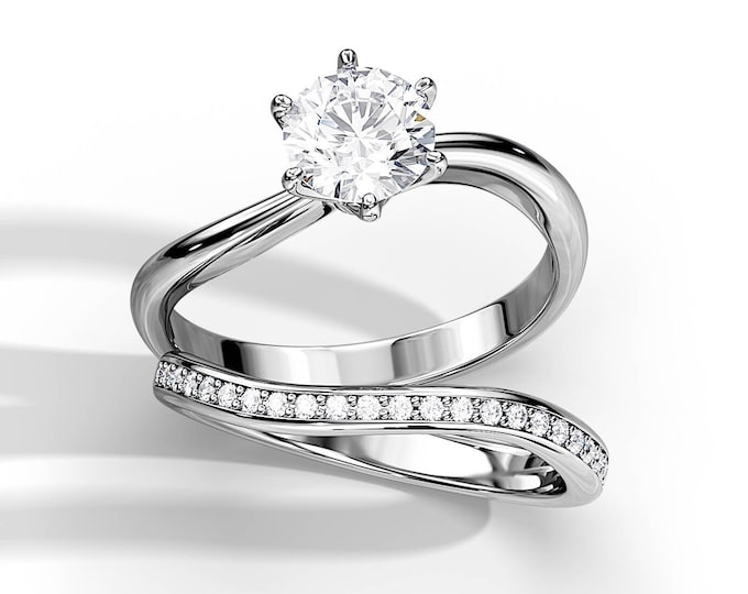 Swirl Bridal Set / 1 CT Moissanite Engagement Ring Set / White Gold Wavey Ring Set/ Unique Wedding Rings / 1 CT Moissanite & 0.15ct Diamonds