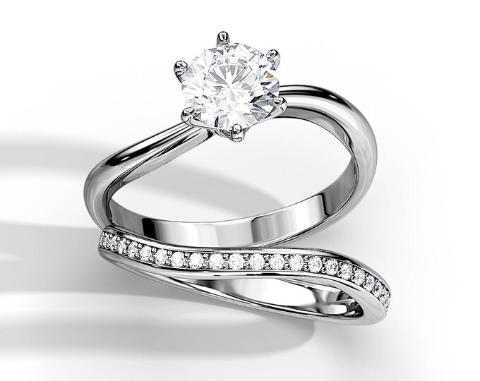 Swirl Bridal Set / 1 CT Moissanite Engagement Ring Set / White Gold Wavey Ring Set/ Unique Wedding Rings / 1 CT Moissanite & 0.15ct Diamonds