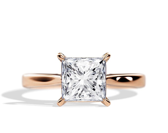 2 Carat Princess Moissanite Engagement Ring / Moissanite Cathedral Engagement Ring / 14K Rose Gold Cathedral Solitaire Ring / 2CT Moissanite