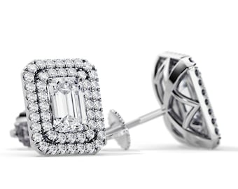 1.5 CTW Emerald Cut Lab Grown Diamond Stud Earrings / Double Halo Emerald Diamond / 1 CT Emerald CVD Diamond Screw Back Earrings White Gold